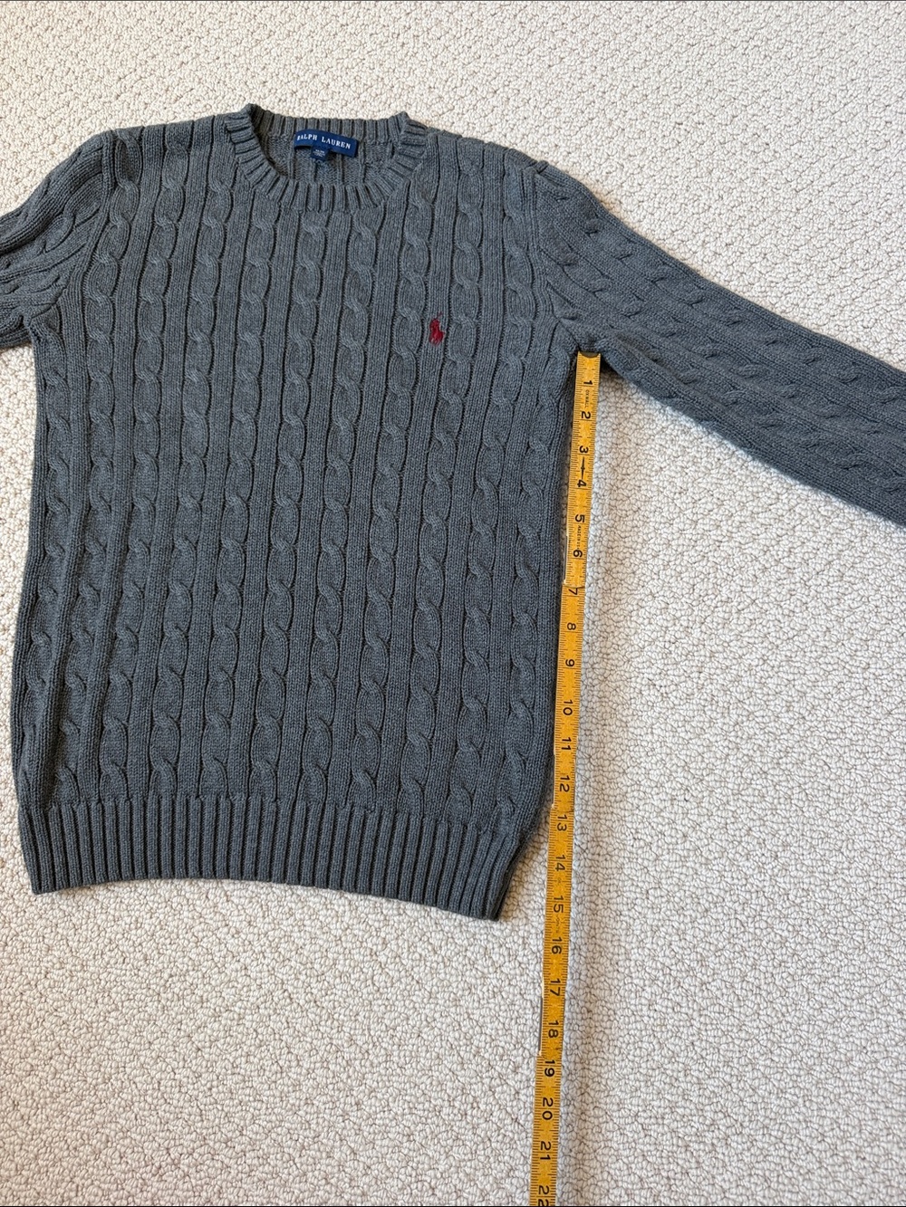 Ralph Lauren Gray Cable Knit Crewneck Sweater with Red Polo Patch - Picture 5 of 6